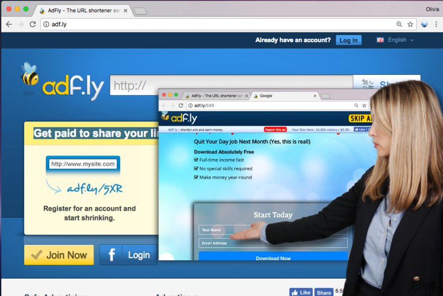 Adf.ly 网站和 Adf.ly 广告要求用户个人信息的示例
